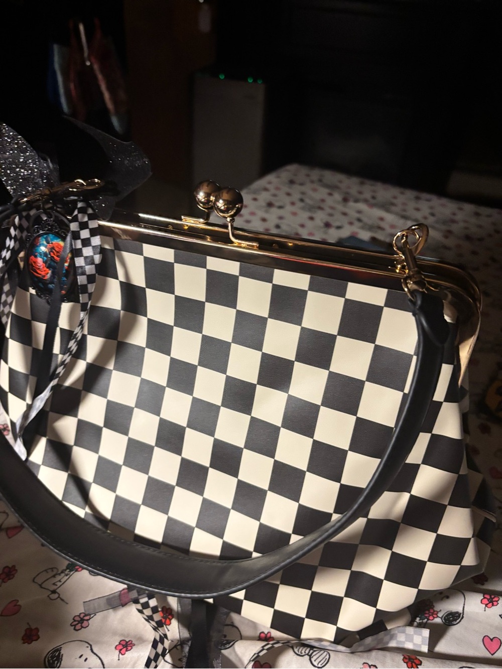 Black & White Checkered Frame-Top Shoulder Bag brand new large